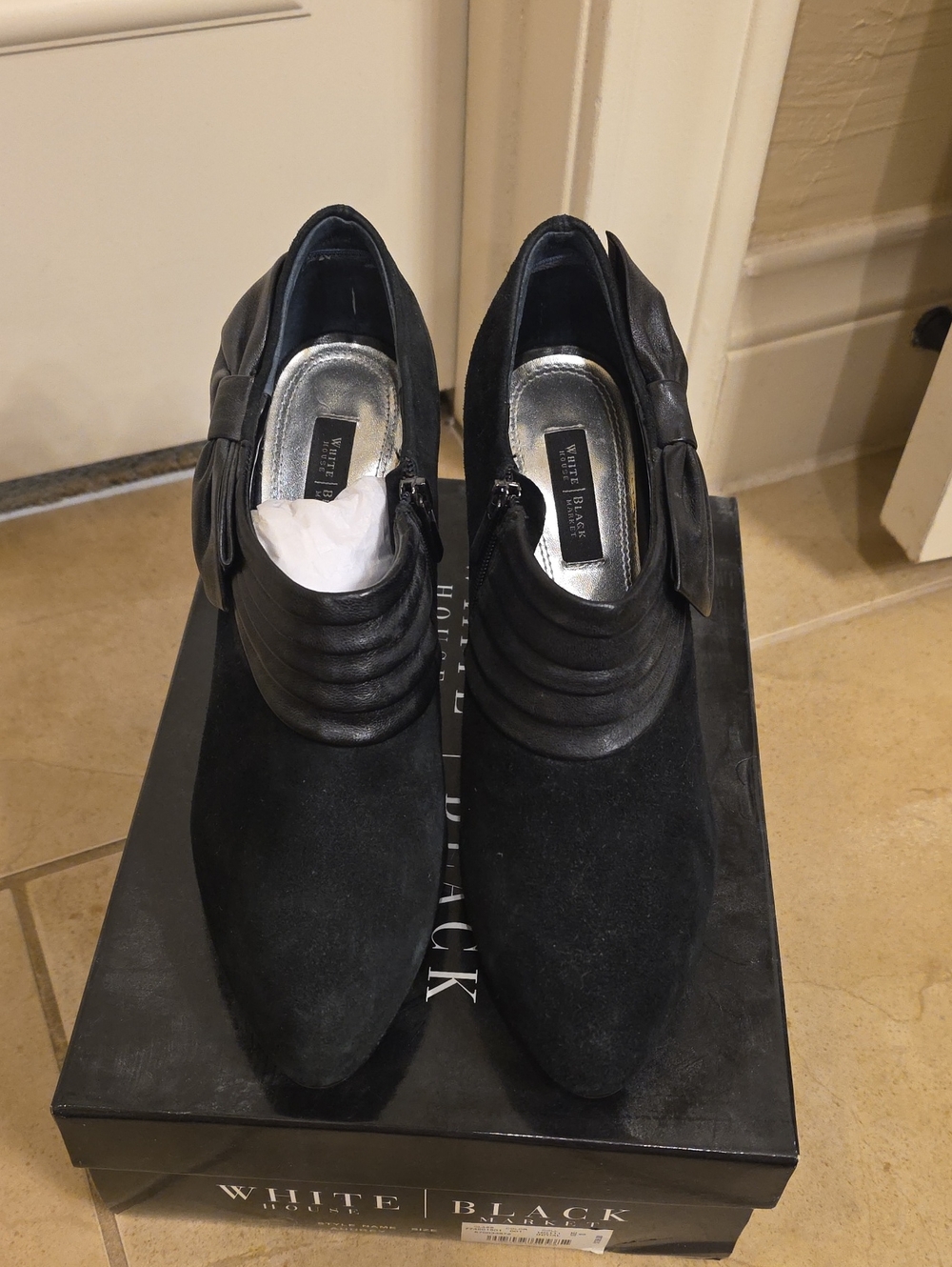 White House Black Market Black Suede Pointed Ankle Booties with Side Bow